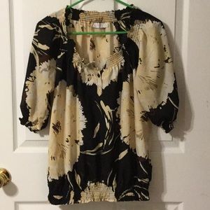 Black, brown, yellow, cream gathered waist blouse